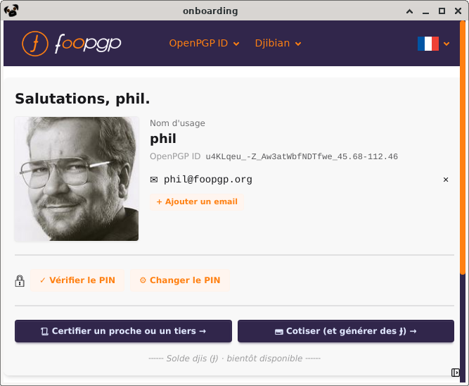 Carte d’identité OpenPGP affichée par Djibian Onboarding